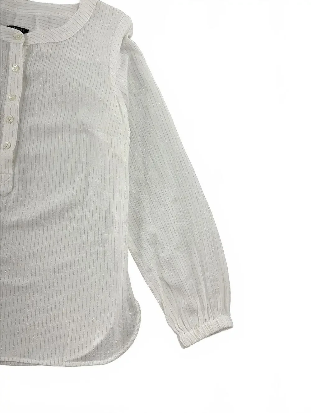 Talbots Petite White Blouse with Gold Stripes Lightweight Button Up Long Sleeve
